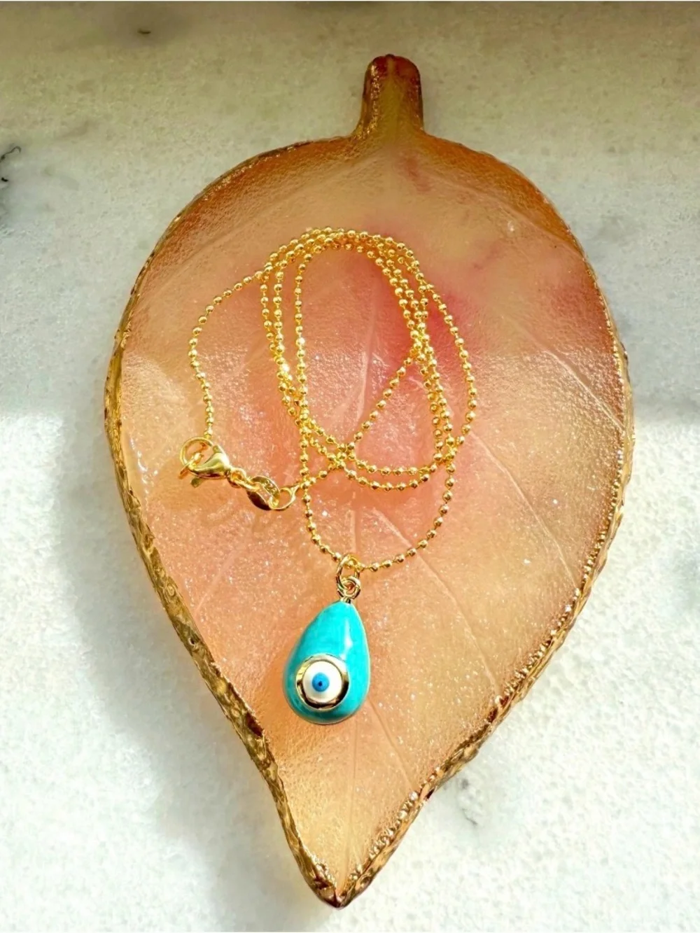 Stunning Teal Evil Eye Necklace 16 inches  .925 sterling silver gold plated